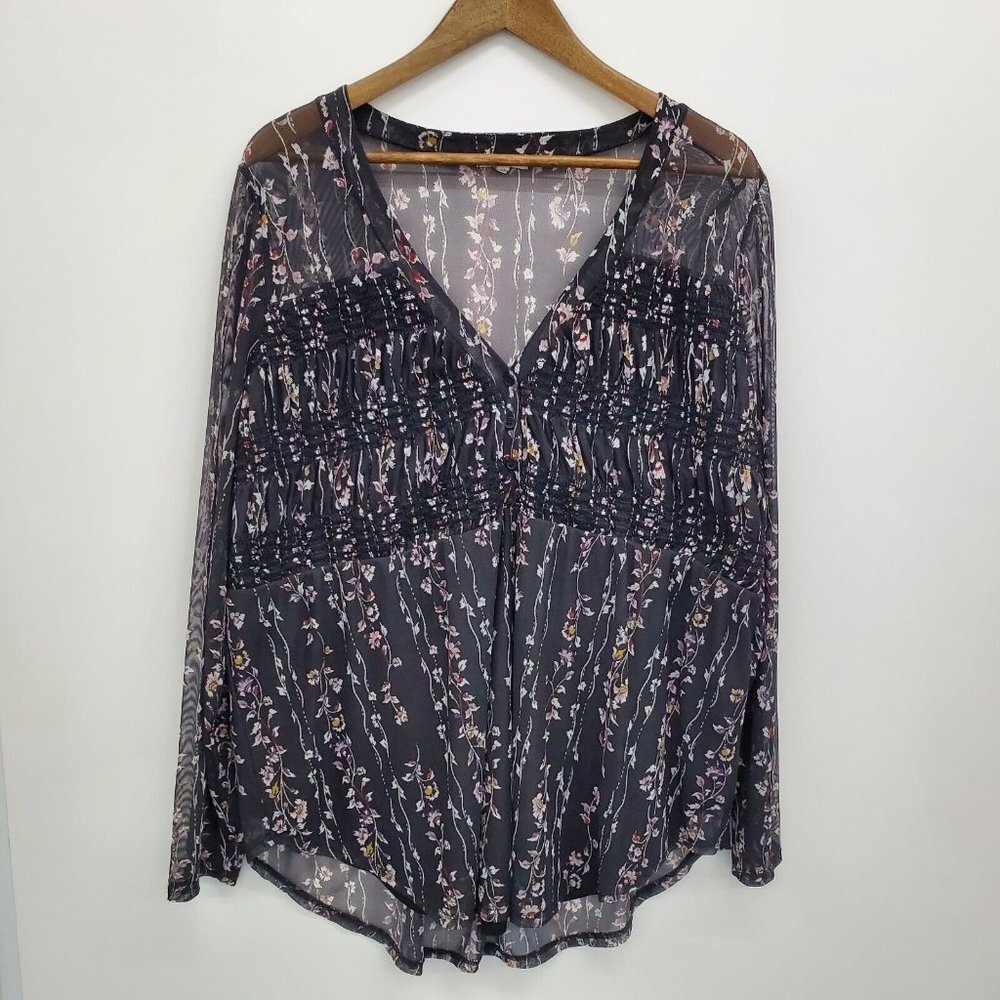 Maurices Womens Floral Popover Tunic Top Size 2 Black Long Sleeve V-Neck Boho